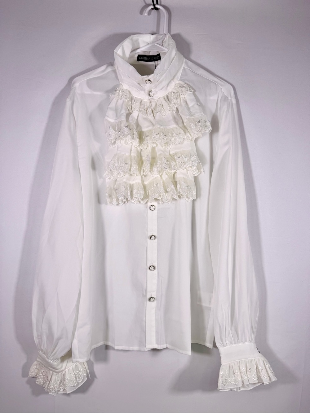 NWT Restless N Wild Victorian Lace Jabot Gothic Blouse Made in Hell Size Large